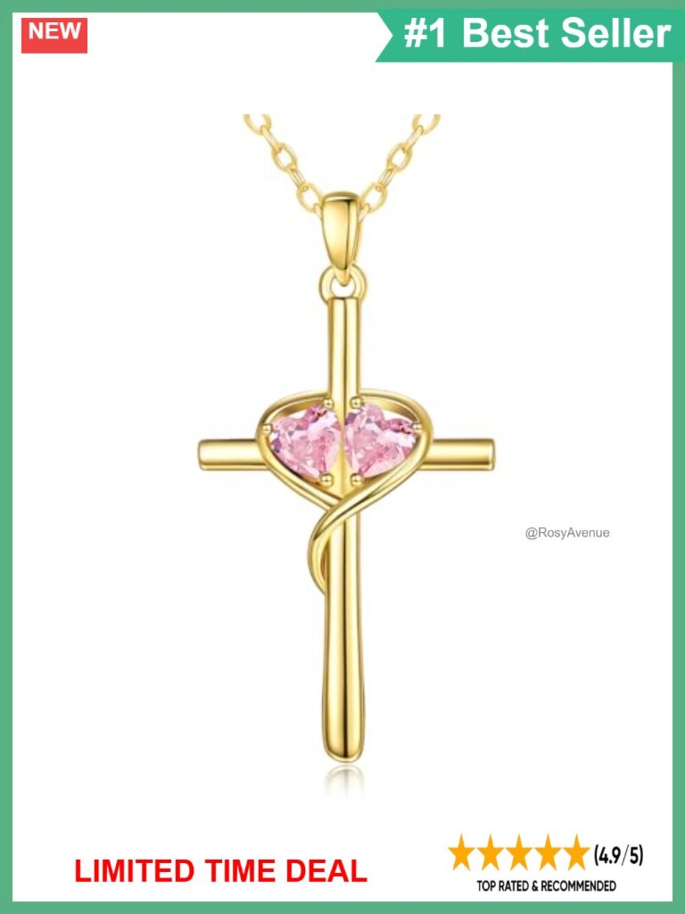 14K Gold Plated Heart Cross Birthstone Pendant Necklace